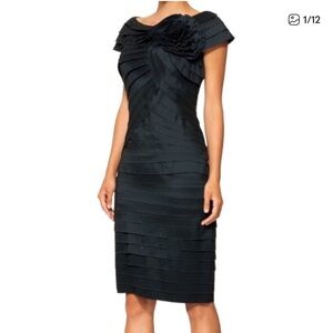 Tadashi Collection Pleated Taffeta Rosette Shutter Pleat Sheath Cocktail Dress 6